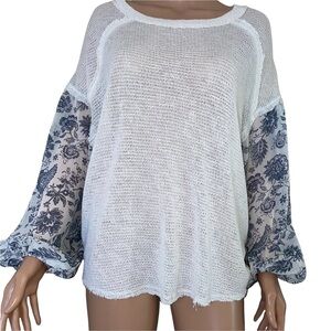 Blue Rain blouse top balloon sleeve knit body flowy boxy blouse SZ SM burn out